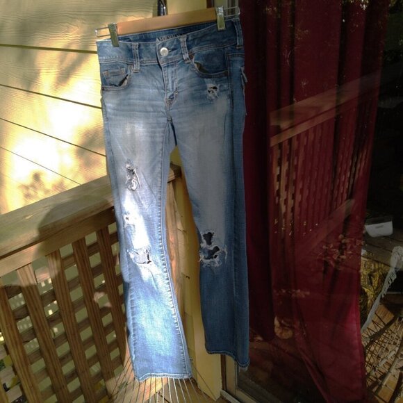 AEO Super Stretch Kickboot Jeans Back Buttoned Flap Sequined Pockets  Sz 00 - Picture 2 of 10